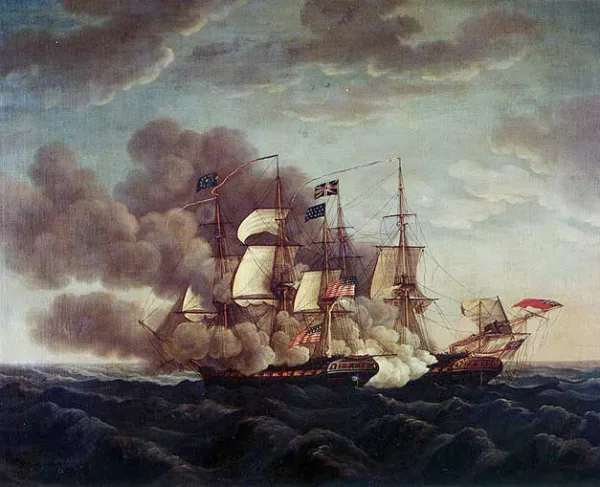 Painting of a large ship that is on the water. There is lots of smoke billowing from the ship.